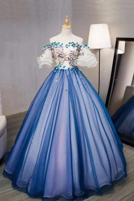 Design Blue Tulle Swetheart Long Prom Gown, Short Sleeves 3d Flower Long Evening Dress