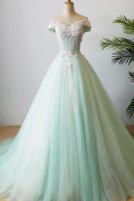 Mint Tulle Long Beaded Appliques Prom Dress With Cap Sleeves