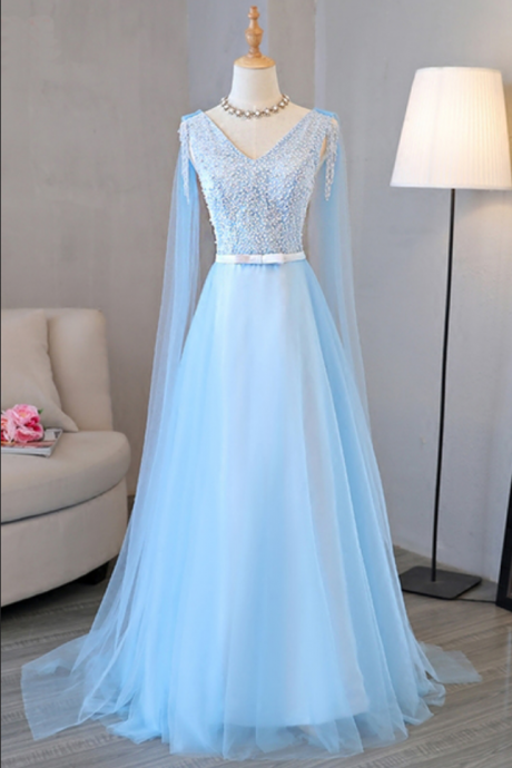 Blue Tulle Long A-line Senior Prom Dress With Pearl
