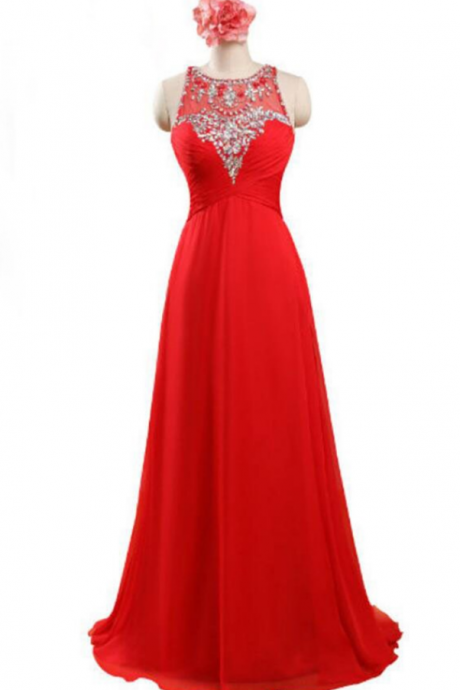 Red Round Neckline Beaded Chiffon Prom Dresses, Red Prom Dresses, Red Party Dresses, Evening Gowns
