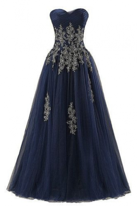 Strapless Navy Prom Dress With Appliques Evening Dresses