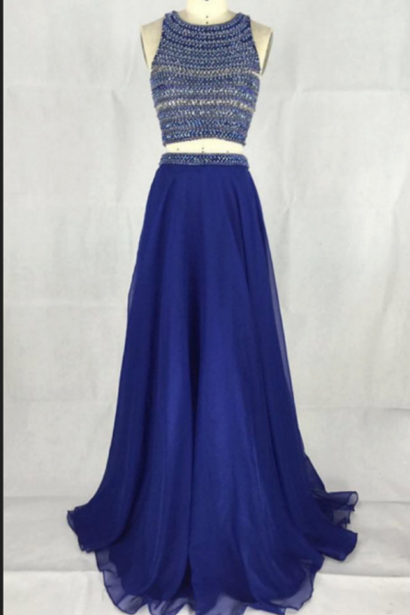 Real Sample Two Piece Prom Dress High Neck Sexy Side Slit Heavy Crystal Beaded Long Evening Dress Blue Formal Party Dress