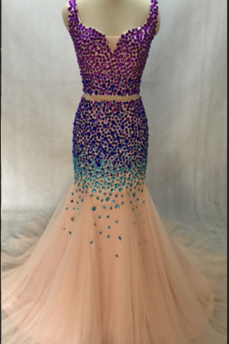 Fashion Sweetheart Sparkly Beaded Glitter Diamond Rhinestones Mermaid Crop Top 2 Two Piece Prom Dresses 2015 Formal Maxi Gown