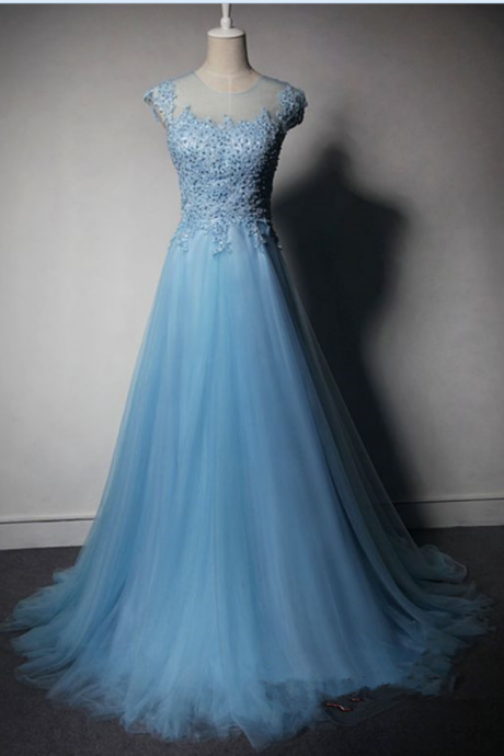 Pretty Light Blue Tulle Long Prom Dress With Lace Applique And Beadings, Blue Prom Dresses, Prom Gowns