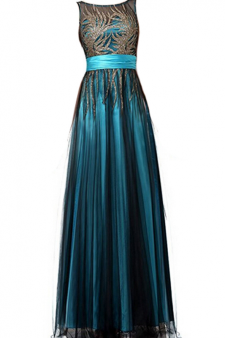 Women's Sleeveless Shimmery Floor Length Tulle Prom Dress