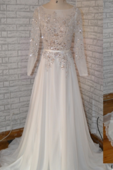 White Lace Chiffon A-line Long Prom Dress,long Sleeve Formal Dresses