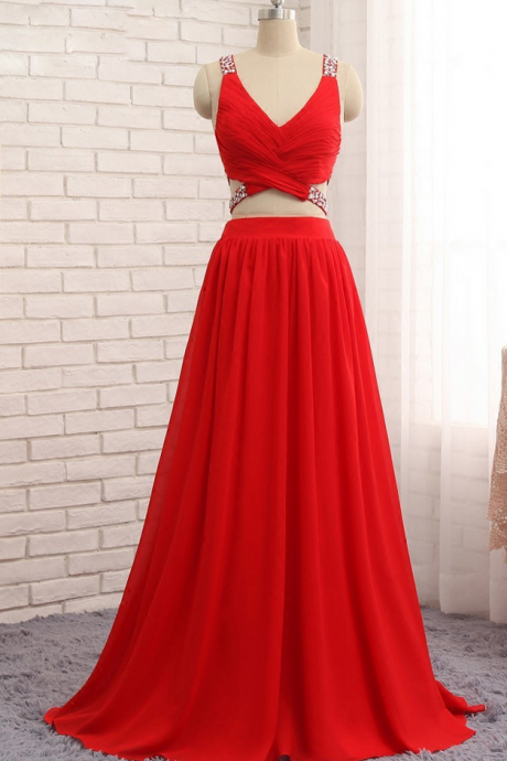 Sexy Two Pieces Chiffon Beads Red Dresses,v Neck A Line Sleeveless Long Prom Gowns