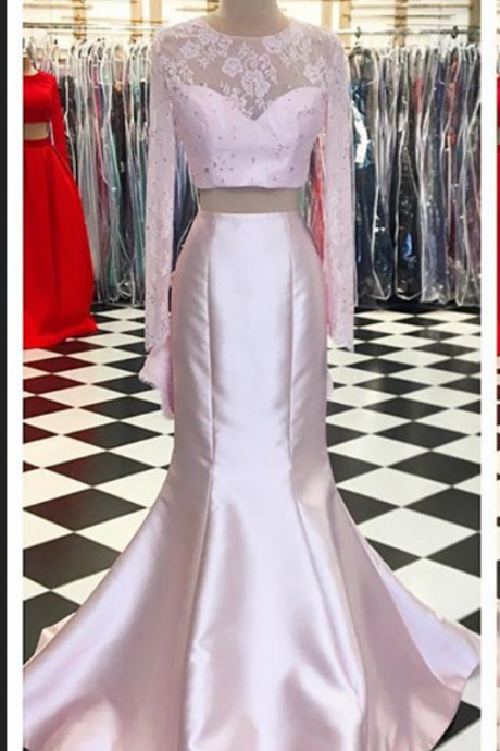 Pink Two Piece Prom Dress, Long Sleeve Mermaid Formal Gown,backless Party Dress