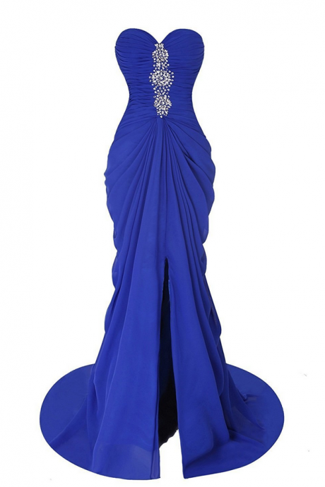 Royal Blue Chiffon Prom Dresses Sweetheart Neck Crystals Women Dresses