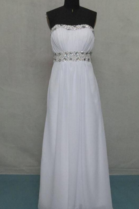White Long Chiffon Prom Dresses Crystals Women Party Dresses