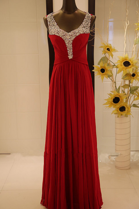 Scoop Neck Long Red Chiffon Prom Dresses Crystals Women Party Dresses