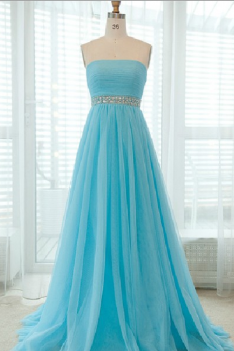Strapless A-line Tulle Prom Dresses Crystals Women Party Dresses