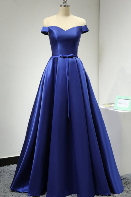 Off Shoulder Dark Blue Satin Prom Dresses Custom Made Women Party Dresses