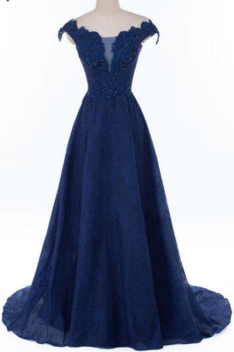 Custom Made Navy Blue Off Shoulder Lace Long Prom Dress, Formal Evening Dress