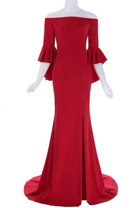 rouge robe de soirée à volants manches off épaule-parole longueur de soirée robes de partie formelle élégante robe avec split