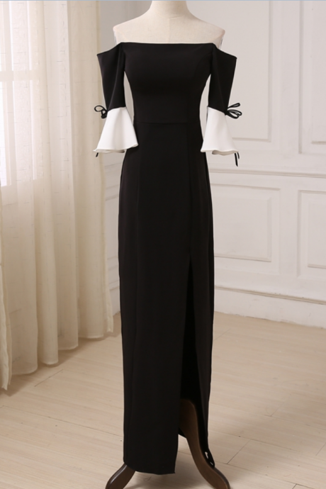 The Women's Semi-sleeve Evening Dress Is A Contrast To The Small Personalized Black Dress At The Side Of The Shoulder Seam