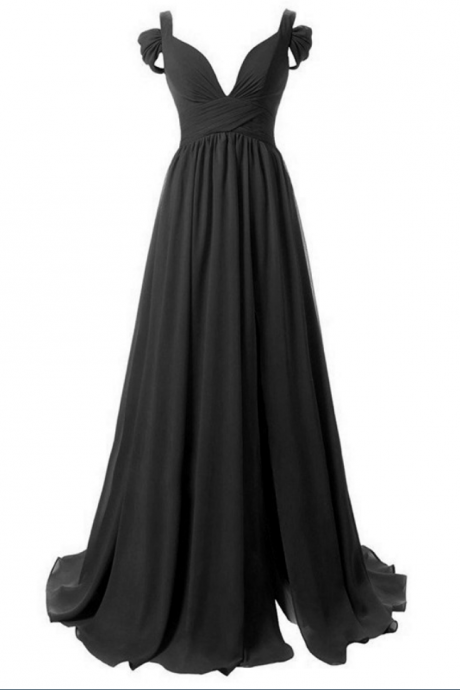Sexy Pretty Black Chiffon Off Shoulder And Slit Long Gowns, Black Formal Dresses, Evening Dresses