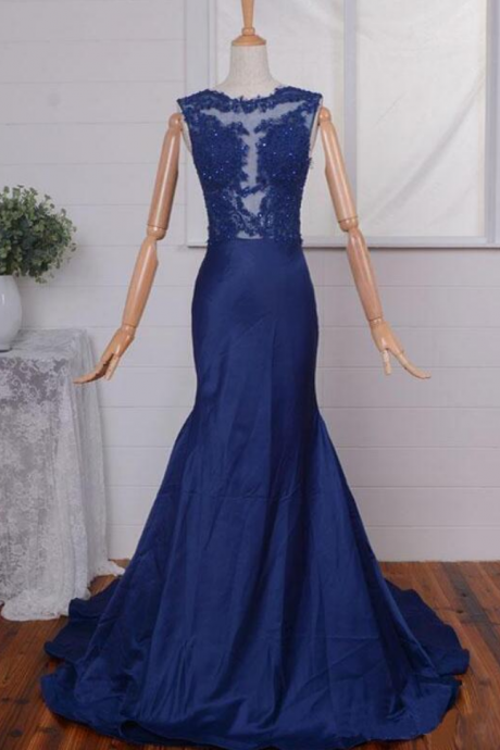 Elegant Mermaid Navy Blue With Illusion Jewel Neckline, Taffeta Lace Appliques Formal Dresses, Wedding Party Dresses