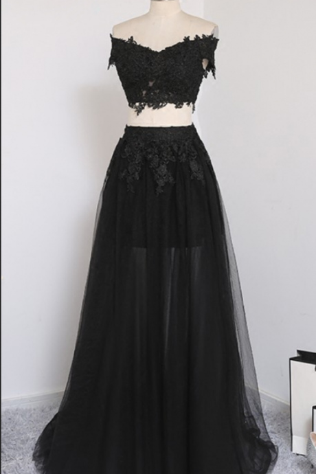 Black Two Piece Chic Prom Dresses, Two Piece Tulle Prom Dresses, Off Shoulder Party Dresses