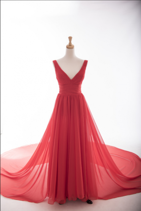 Red Sexy Deep V-neckline Chiffon Prom Dresses , Red Evening Gowns, Floor Length Formal Dresses