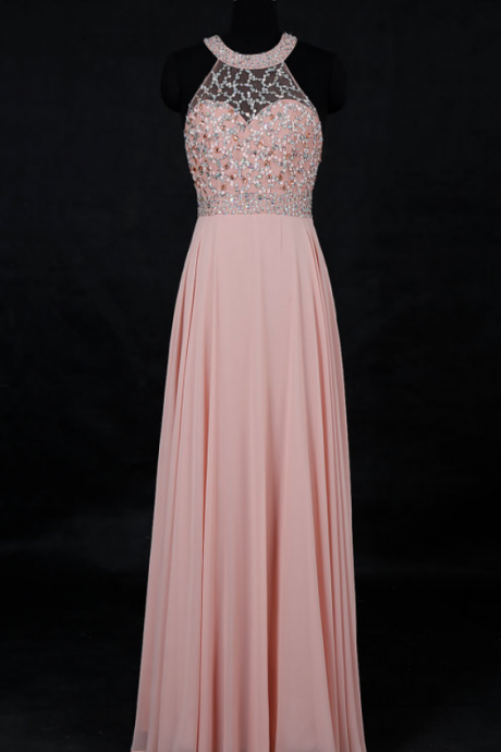 Delicate Dark Pink Halter Sparkle Top Long Chiffon Formal Dresses, Prom Dresses , Pink Party Dresses