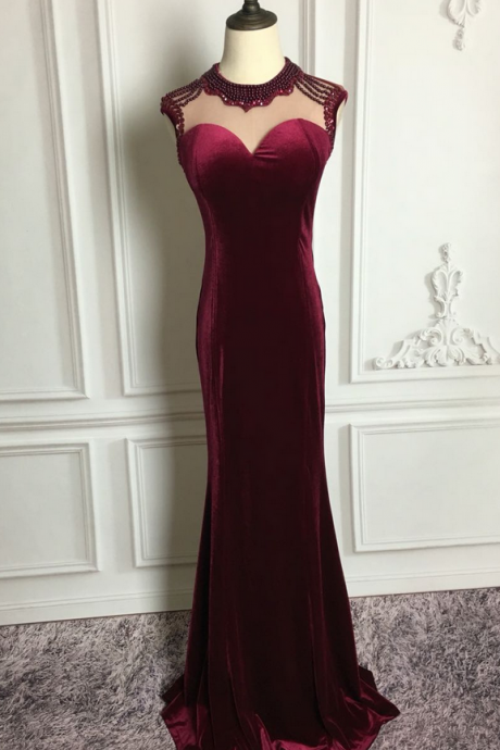 Elegant Burgundy Velvet Beaded Mermaid Style Party Dresses, Prom Dresses , Formal Gowns