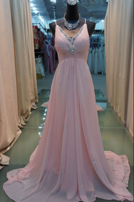 Pink Spaghetti Straps V-neckline Chiffon Prom Dresses, Pink Party Gowns, Prom Dresses