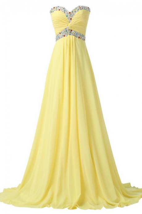Pretty Chiffon Floor Length A-line Sweetheart Chiffon Evening Gown Formal Prom Dresses, Women Party Dress, Long Yellow Prom Dresses With Beadings
