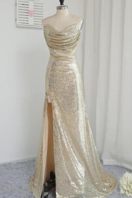 Charming Light Gold Sexy High Split Prom Dresses , Sequins Party Dresses, Mermaid Evening Gowns