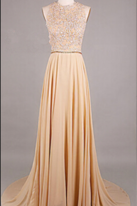 Pretty Handmade Champagne Long Prom Dress With Lace Applique, Champagne Prom Gowns, Evening Dresses