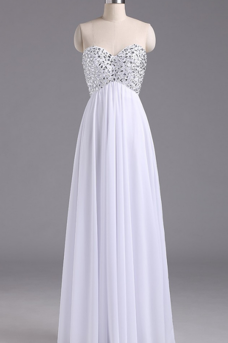 Simple White Beaded Long Prom Dresses , Long Prom Dresses , White Prom Gowns, Evening Gowns
