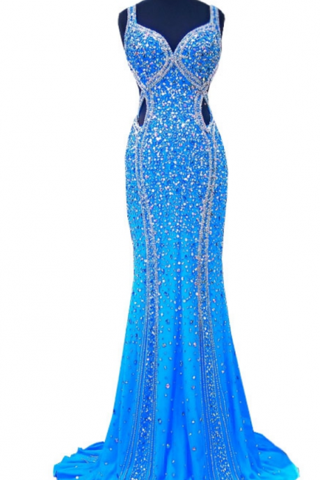 Luxurious mermaid Spaghetti long gown, African blue shirtless party dress silk length part