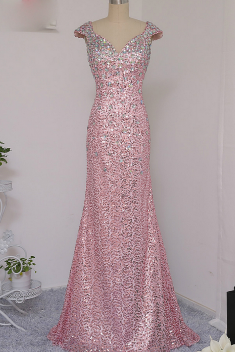 Pink Prom Dresses Mermaid Cap Sleeves Crstals Sequins Long Backless Prom Gown