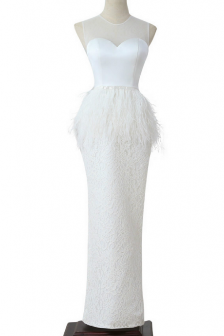 Long White Lace Mermaid Evening Dress Kaftan Dubai Lace Up Formal Evening Prom Dress With Feather Vestido Formatura Longo