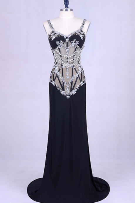 Spaghetti Strap Evening Dress Mermaid Long See Through Black Beaded With Rhinestones Chiffon Backless Real Prom Dress