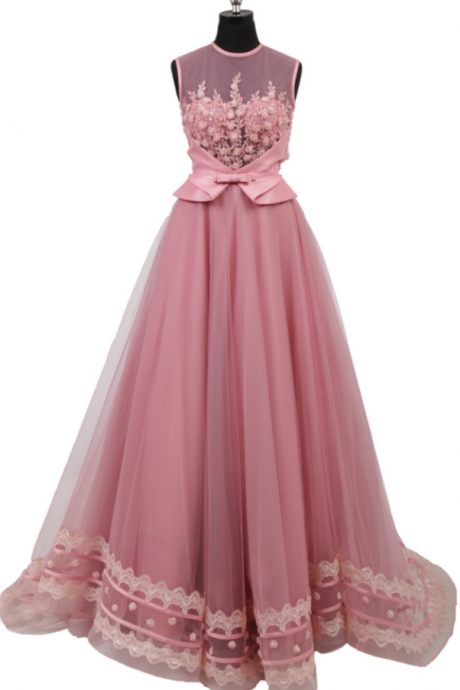 Jewel Neckline Illusion Bodice 3d Flowers Bead Open Keyhole Back A Line Tulle Lace Edge Coral Pink Evening Dress