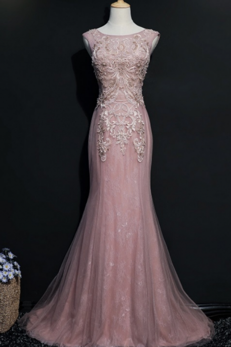 Pink Long Lace Mermaid Evening Dresses Party Beautiful Beaded Women Prom Formal Evening Gowns Dresses Abendkleider