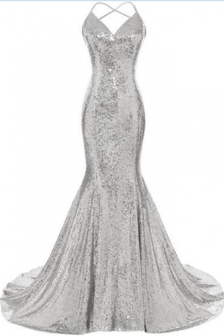 Sequins Mermaid Prom Dress Spaghetti Straps V Neck Prom Dresses For Women
