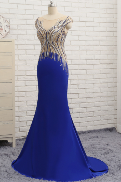 Royal Blue Cap Sleeve Embroidery Long Elegant Prom Dresses Mermaid Crystal Vestidos De Festa Noite Sheer Top Long Party Dress