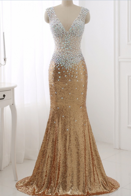 V- Method And Sequin Mermaid Sexy Dress L! The Sleeveless Sexy Evening Gown