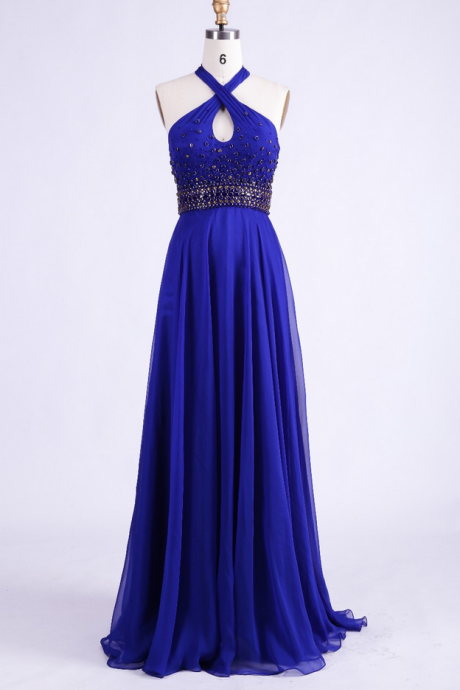Evening's Lofty Long Gown Halter Blue Pearl Single Party Silk Feasta Prom Dress