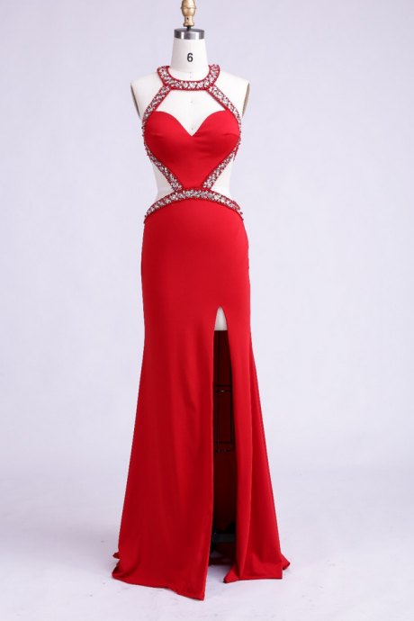 Red Halter Cut Out Mermaid Long Prom Evening Dress Featuring Beaded Embellishment And Front Slits