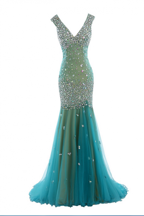 V-neck Mermaid Long Prom Evening Dress With Rhinestones And Beaded Embellishment