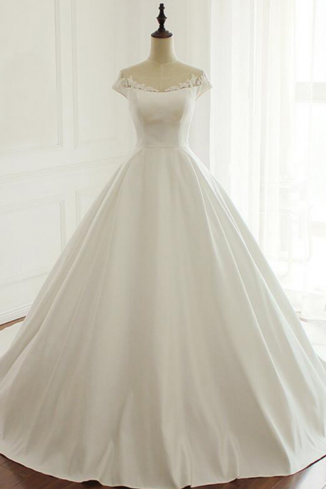 Lace Appliquéd Satin Off-the-shoulder Wedding Gown Featuring Chapel Train