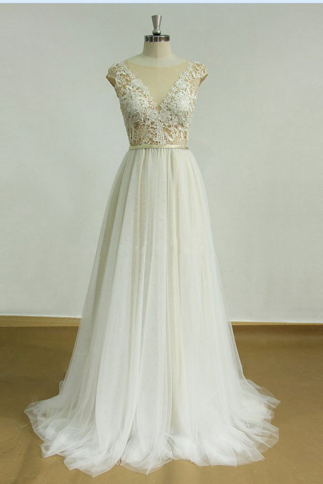 See-through Lace Bodice A-line Ivory Tulle Bridal Gowns