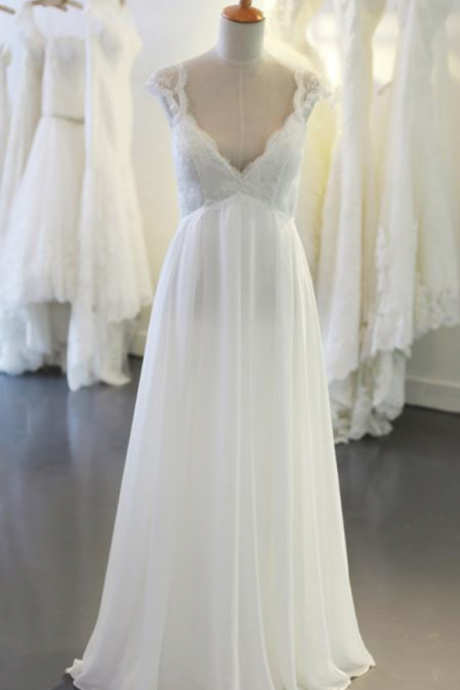 Lace Bodice Chiffon Skirt Brush Train V-neck Cap Sleeves Beach Wedding Dresses