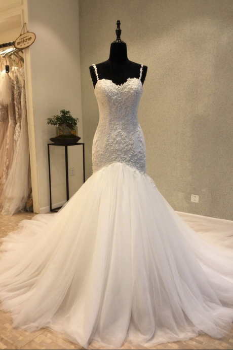 Mermaid Wedding Dress, Sexy Backless Wedding Dresses. Spaghetti Straps Bridal Dress, Tulle Long Bridal Gown