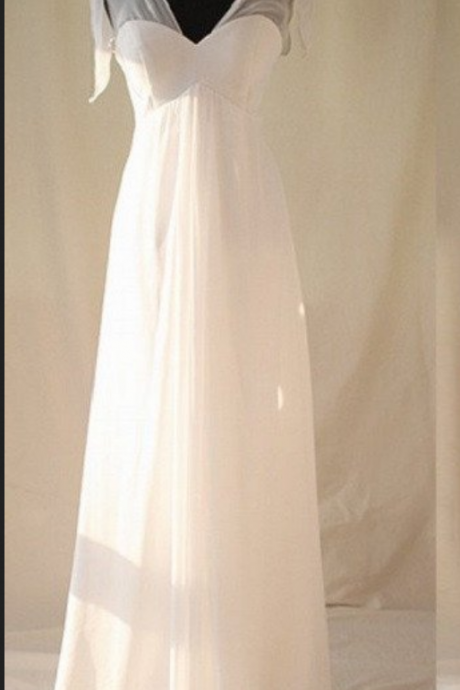 Simple A-line V-neck Backless Lace Up Chiffon Sweep Length Train Wedding Dress