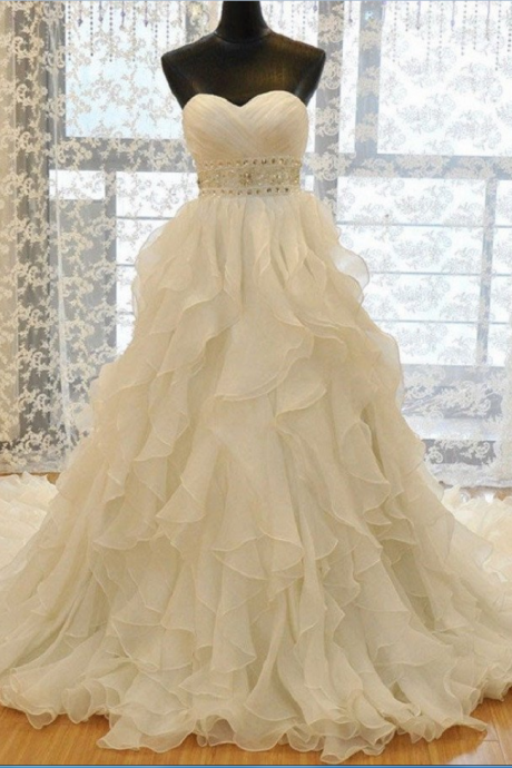 Charming Strapless Sweetheart Neck Lace Up Cathedral Train Organza Ruffle Wedding Dresses,wedding Ball Gown