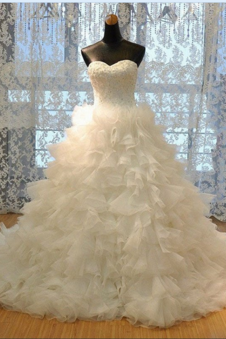 Luxury Strapless Sweetheart Neck Lace Up Ruffle Cathedral Train Tulle Bridal Dresses,wedding Ball Gown